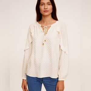 Michael Kors Women's Cream Gold Star Ruffle Front Tie Blouse